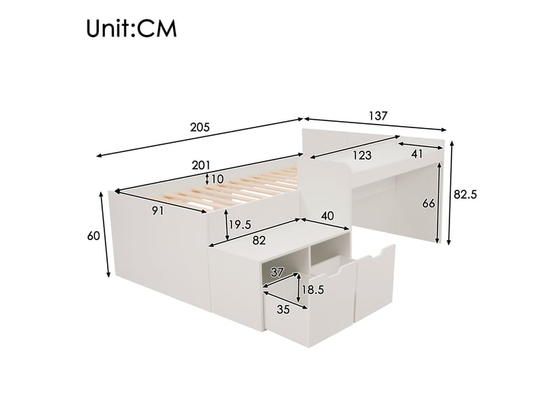  Lit enfant avec bureau et tiroirs de rangement, lit simple 90x200 en bois massif blanc, avec sommier  - Conforama C
