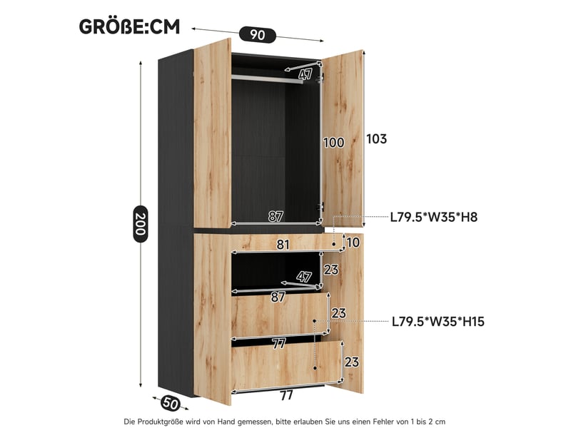  Armoire 4 portes 90 x 50 x 200 cm avec penderie, tiroirs et rangement bijoux  - Conforama C