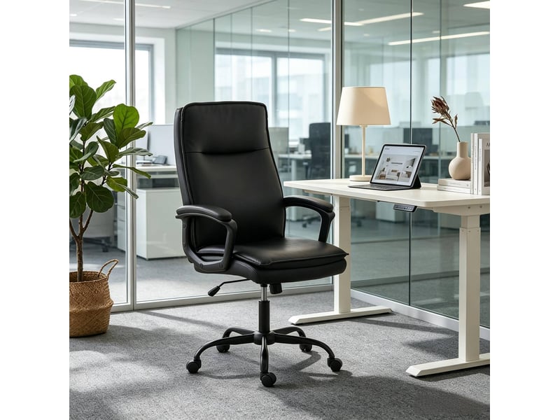  Chaise de bureau noire en pu, hauteur réglable, fonction basculante à 15 degrés, dossier haut  - Conforama B