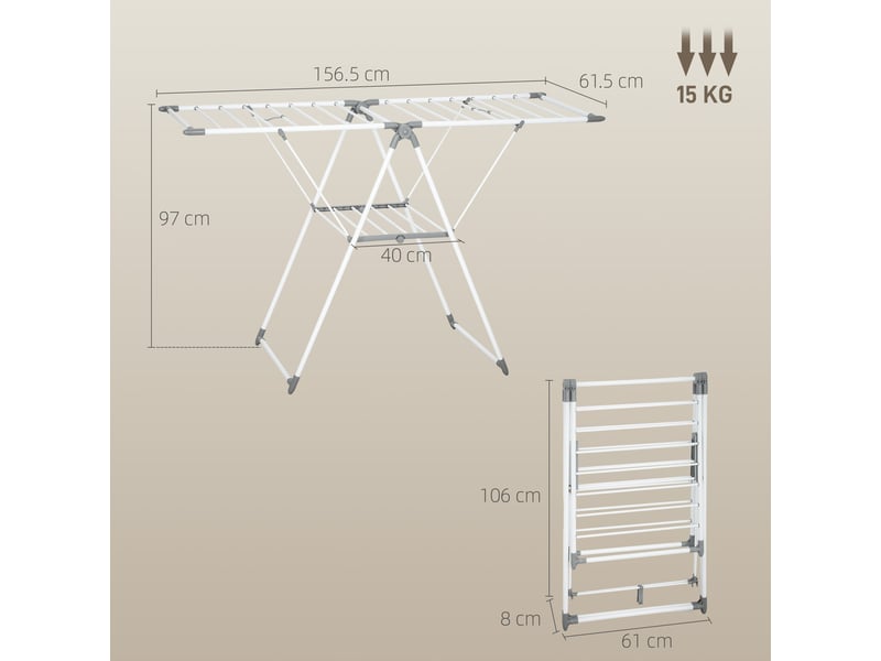  Séchoir à linge à 2 niveaux, réglable sur 4 hauteurs, en métal et plastique, 156,5 x 61,5 x 97 cm, blanc  - Conforama E