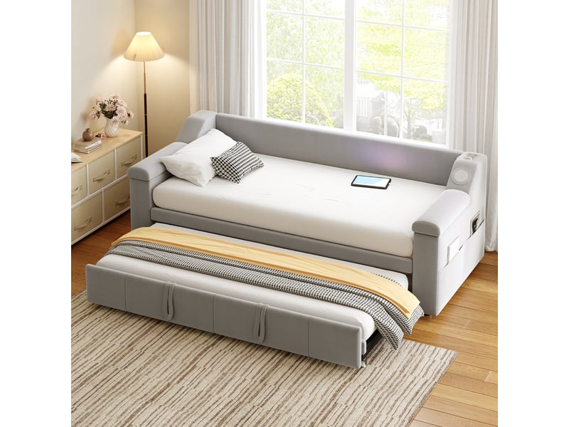  Lit canapé rembourré en velours gris 90x190 cm  - Conforama D