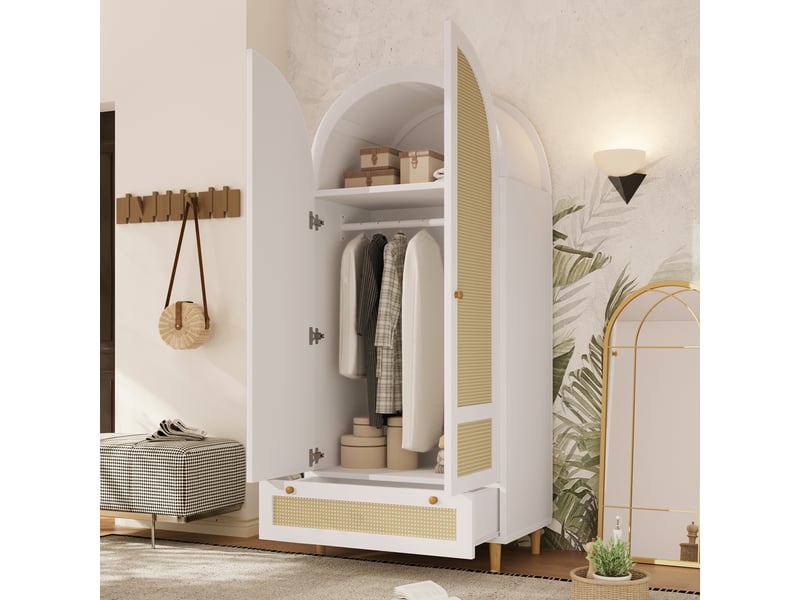 Armoire penderie, tringle, étagère haute, tiroir, fermeture douce, 80x50x180 cm, portes arquées en rotin, poignées en bois massif, style bohème, blanc Morn Vibe - Conforama C