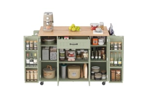 Îlot de cuisine mobile - 120x69x90 cm - sur roulettes - tiroirs - portes de rangement - rangement à vin - plateau rabattable - vert