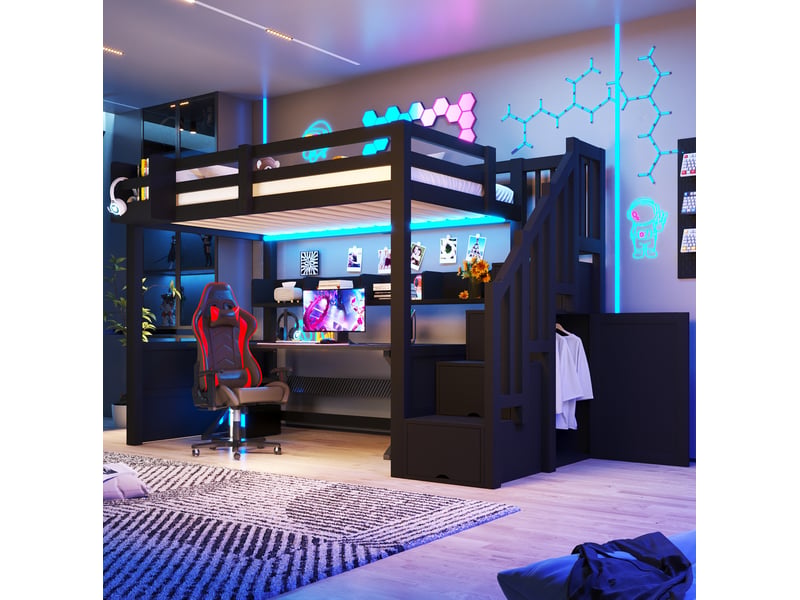 Lit mezzanine enfant 90x200 cm 253x95x170 cm, led, escalier rangement, pin mdf contreplaqué, noir sans matelas - Conforama D