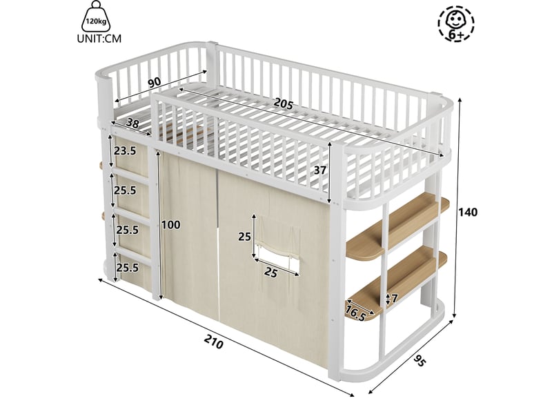 Lit mezzanine enfant 90 x 200 cm avec rideaux occultants et éclairage led, étagères ouvertes et garde-corps, métal, blanc Morn Vibe - Conforama D