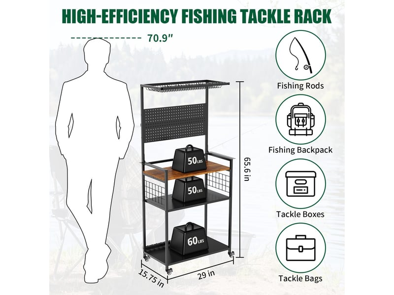 Support rangement cannes à pêche plaque suspension chariot roulettes étagère multiniveaux matériel cannes moulinets coffres sacs - Conforama C