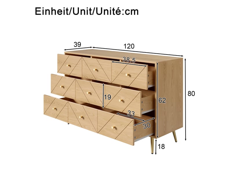  Commode moderne à 9 tiroirs avec pieds en fer – 120 x 39 x 80 cm – motifs géométriques élégants – couleur naturel  - Conforama C