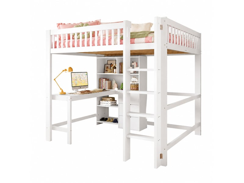  Lit mezzanine enfant 140x200 cm avec bureau, 3 tiroirs, échelle, blanc  - Conforama A