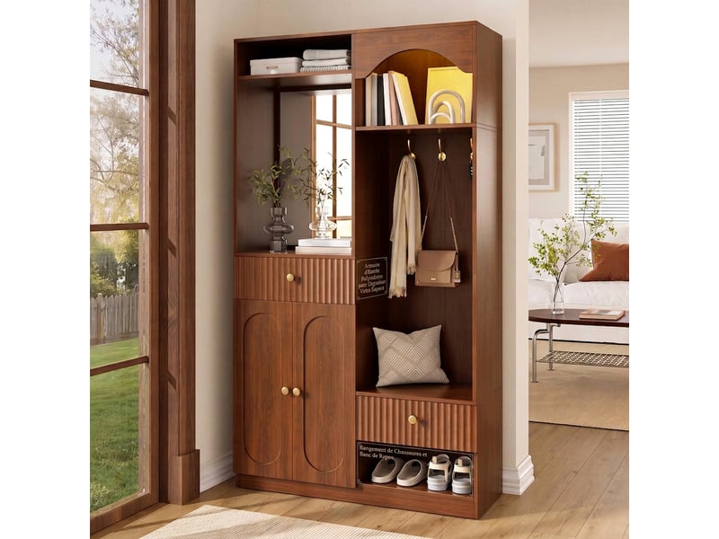  Vestiaire d'entrée avec miroir et banc, meuble d'entrée avec éclairage led, vestiaire compact en noyer, 100x35x180 cm  - Conforama E