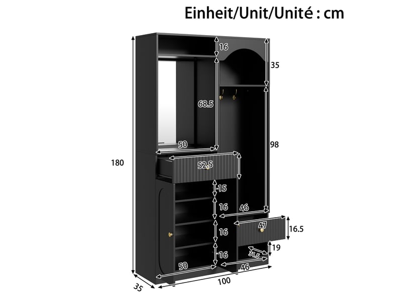  Vestiaire d'entrée avec miroir et led, crochets et banc - lpospi - rangements, étagères réglables, mdf - noir  - Conforama D