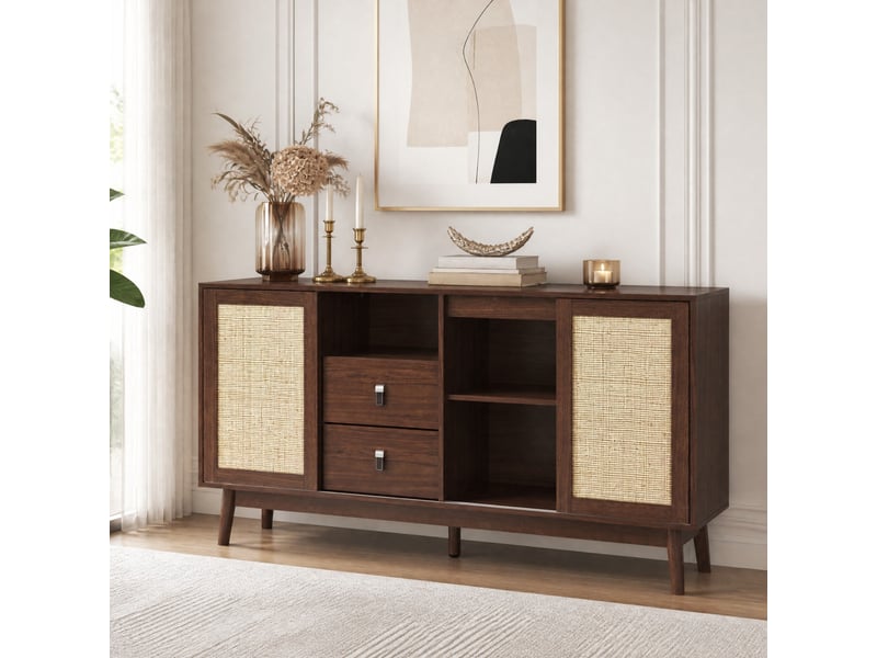 Buffet avec 3 portes coulissantes en rotin véritable et 2 tiroirs, 155 x 38 x 80 cm, bois foncé - Conforama B
