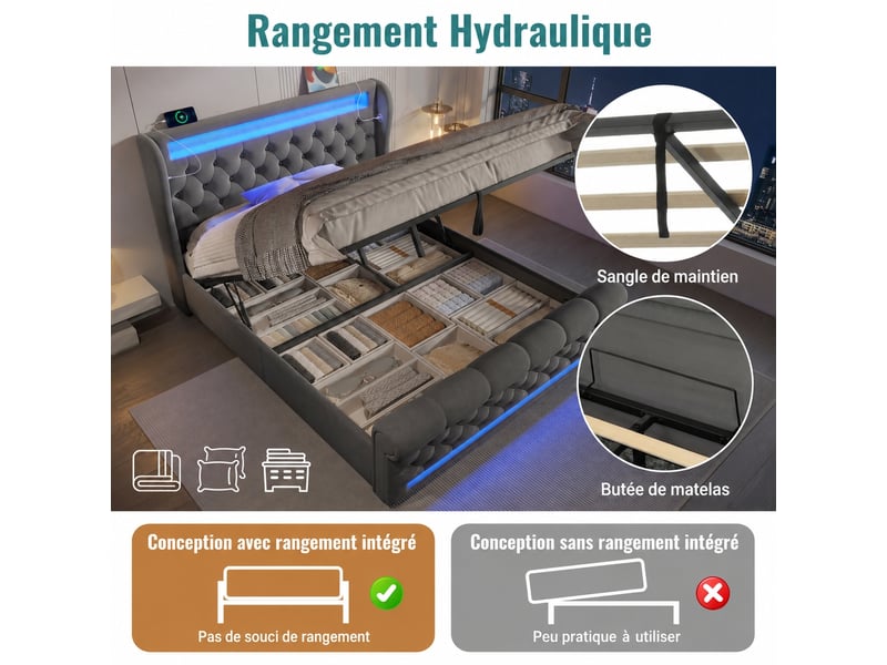 Lit coffre hydraulique 140 x 200 cm en velours gris avec led, usb et usb-c - Conforama E