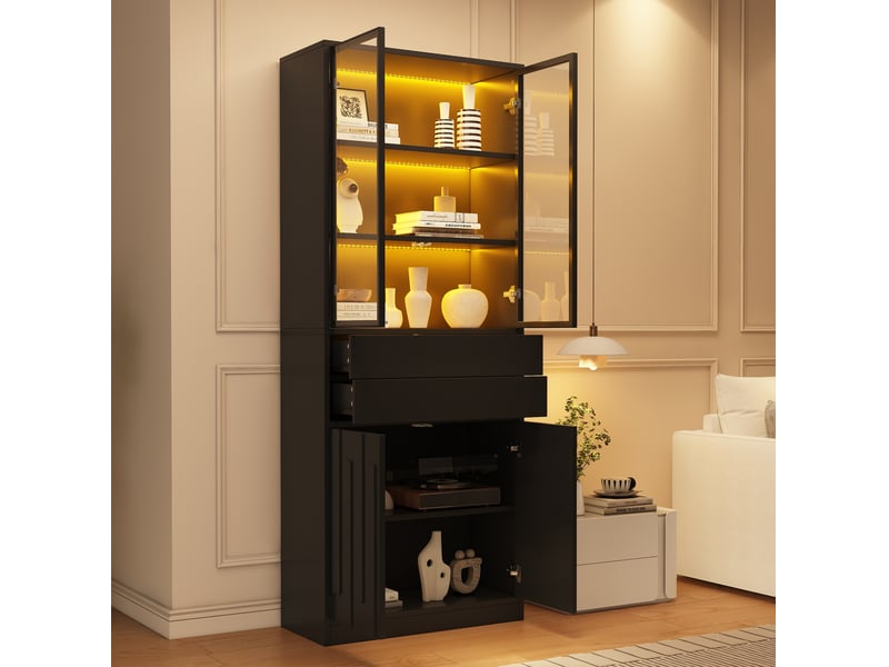  Vitrine haute en panneaux avec 4 portes, 2 tiroirs et éclairage led réglable pour salon noir mat 70 × 37 × 180 cm  - Conforama B