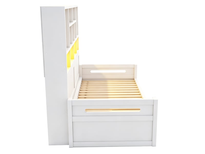  Lit banquette simple en mdf avec 2 tiroirs, étagères, led et prises, 200x90 cm, matelas non précisé, blanc  - Conforama E
