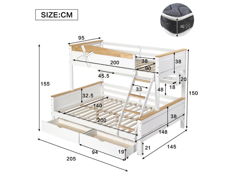 Lit superposé enfant 90x200 et 140x200 cm – blanc et naturel – éolienne, rangements et 2 tiroirs bas - Conforama C