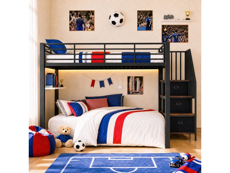  Lit superposé 140x200 cm - escalier avec tiroirs de rangement - led et prises usb - pour chambre d’enfant - métal et mdf - noir  - Conforama R
