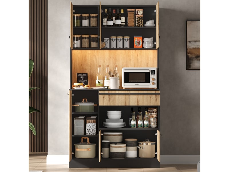 Colonne cuisine 100x40x180cm avec led, armoire haute 2 tiroirs étagères réglables, vitrine salon salle à manger - Conforama E
