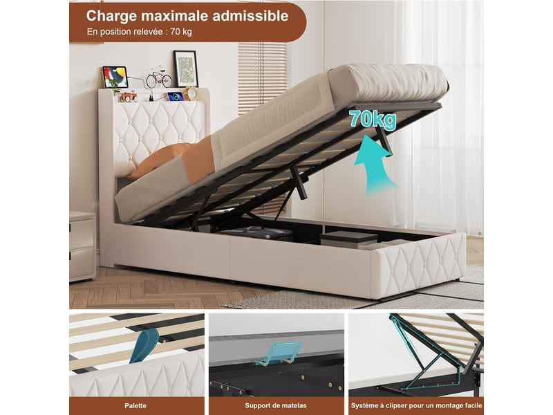  Lit coffre 90x200 cm avec led et usb, lit simple capitonné avec rangement hydraulique, lit 1 place avec sommier à lattes, lit adulte avec tête de lit rembourrée, velours blanc  - Conforama D