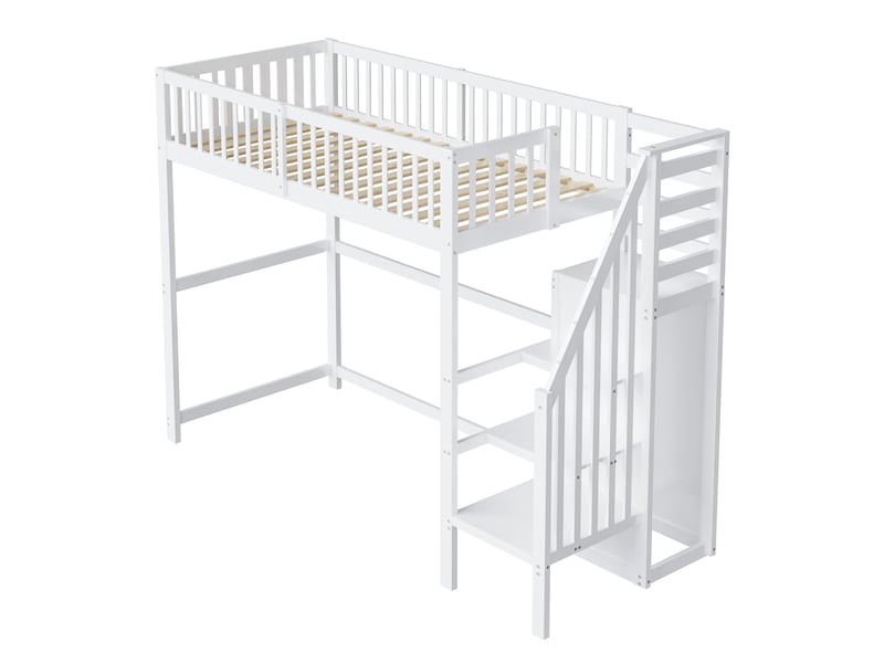 Lit mezzanine 90x200 avec escalier, lit enfant blanc en bois massif avec armoire et étagère, gain de place pour chambre - Conforama C