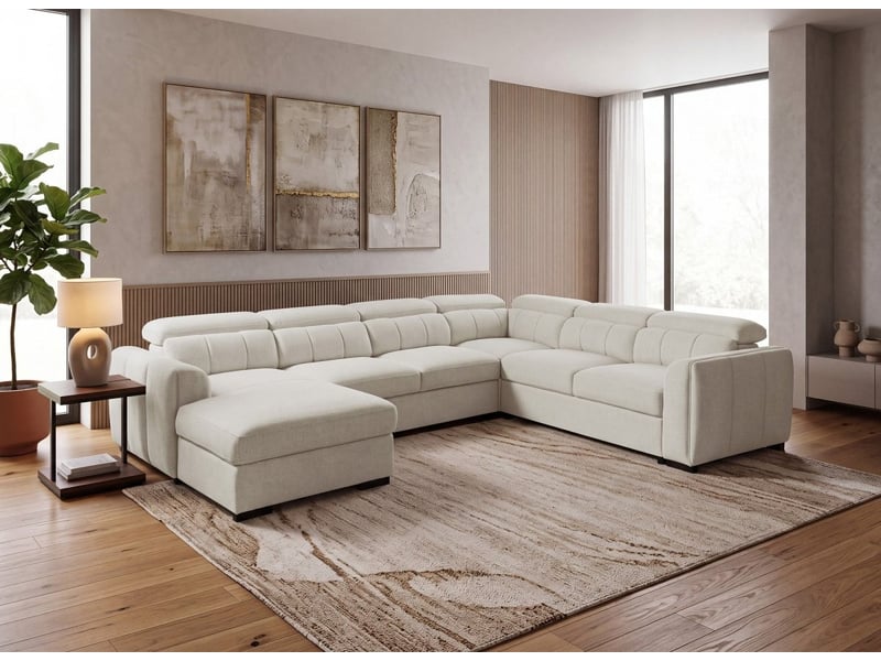  Canapé panoramique convertible avec coffre en tissu bouclette beige najah - angle gauche KF8047-M2A2-BEI - Conforama B