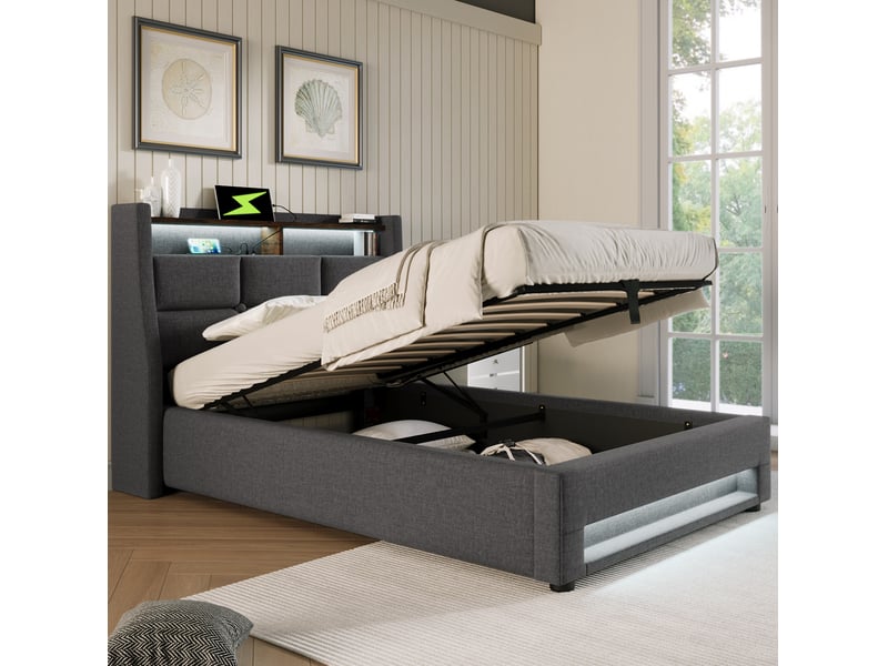 Lit coffre usb 90x200 cm avec led, lattes en bois et métal, gris sans matelas - Conforama E