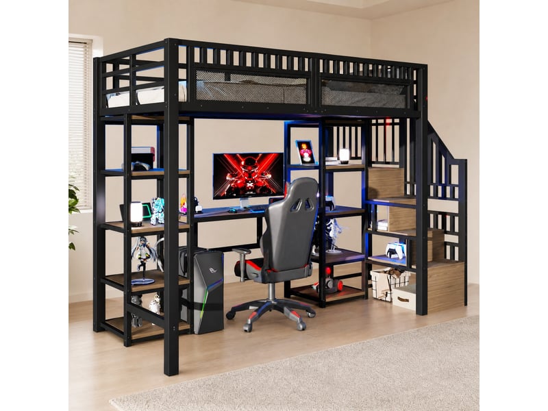  Lit mezzanine 90x200 cm avec bureau, éclairage led, en métal et mdf noir  - Conforama B