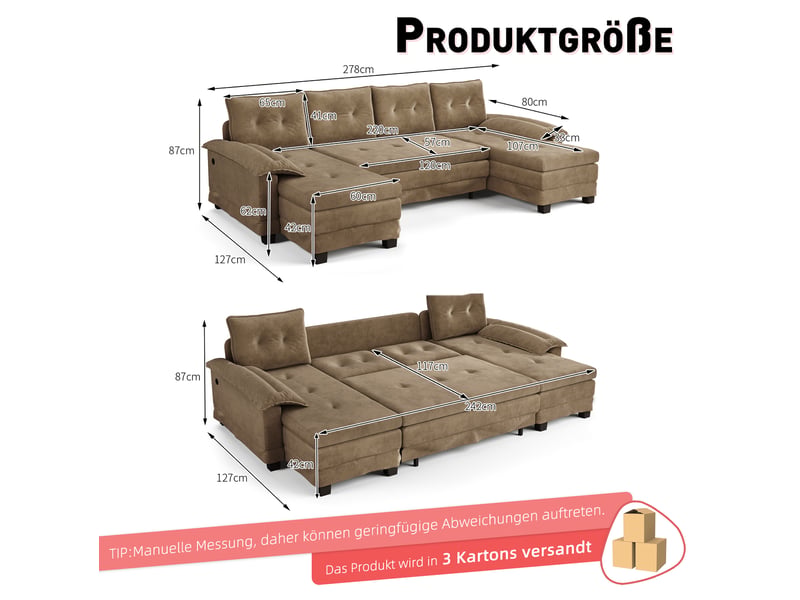 Canapé-lit modulable en u 278x127x87 cm avec ports usb kaki sans matelas - Conforama E
