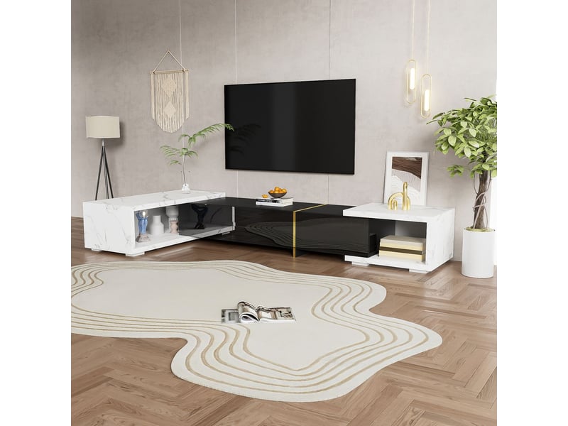  Meuble tv 140x260, design contemporain fonction rotative marbre blanc et noir avec rangement  - Conforama B
