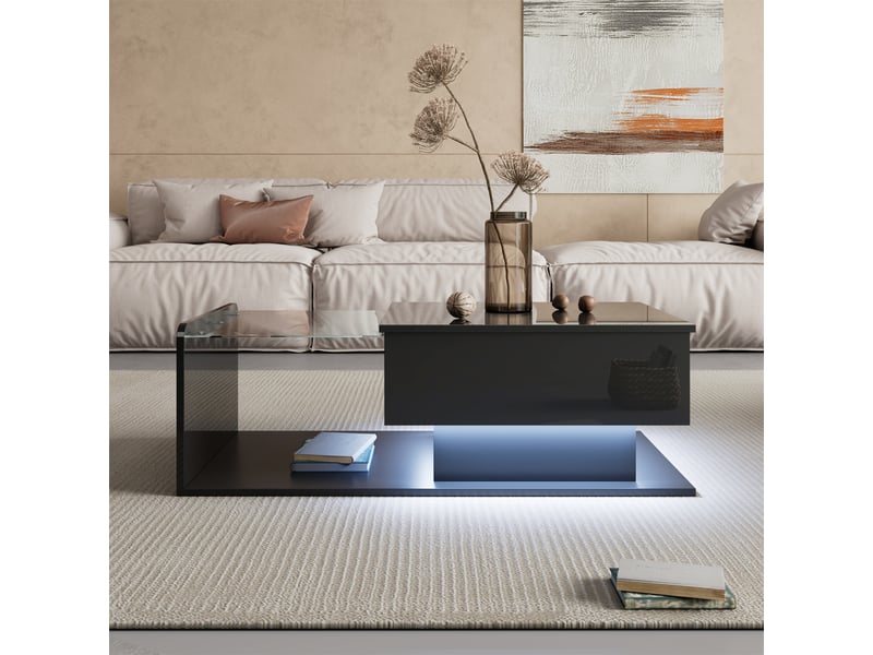  Table basse relevable avec plateau en verre trempé, rangements ouverts et cachés, éclairage led, 100×50×3347,5 cm  - Conforama C