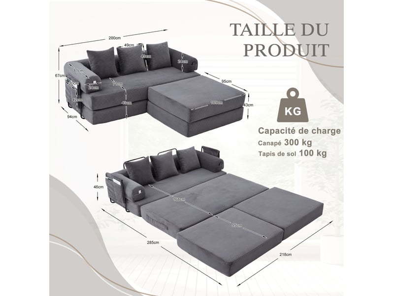  Canapé modulable modenvie 3 places avec pouf et coussins 200 x 190 x 67 cm velours côtelé gris foncé  - Conforama C
