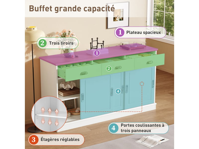  Commode 3 tiroirs et 3 portes coulissantes, 140 x 40 x 77 cm, corps mdf, poignées argentées, rangement polyvalent, blanc  - Conforama E