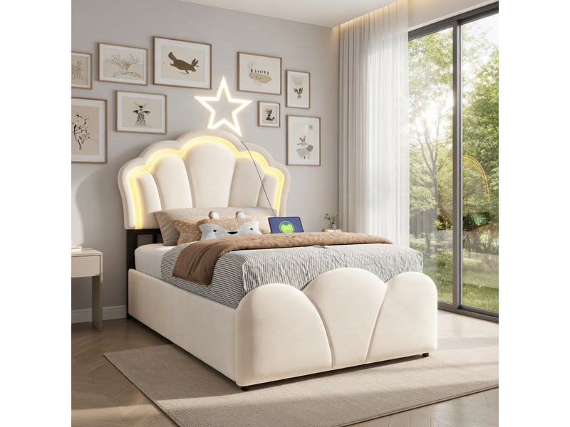  Lit d'enfant 90 × 200 cm, avec éclairage led, rangements intégrés, prises électriques intégrées, revêtement en velours,beige  - Conforama B