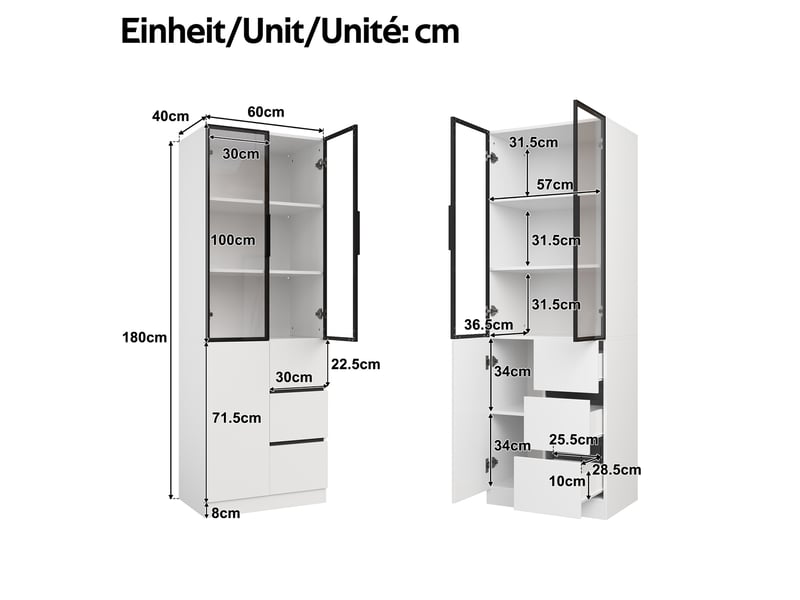  Vitrine tcqpz 60 x 40 x 180 cm avec portes vitrées, éclairage led contrôlable par application, panneaux de particules blanc  - Conforama E