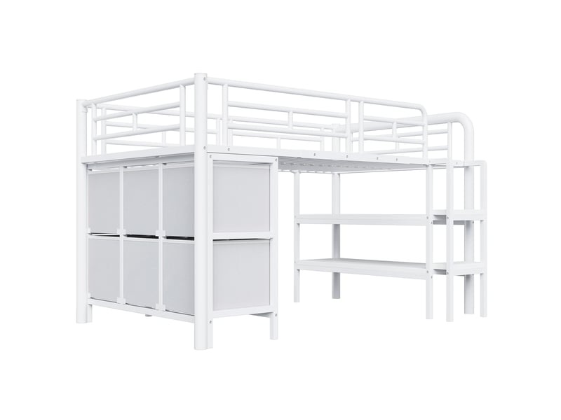 Lit mezzanine enfant métal blanc 90x200 cm, escalier large, tiroirs et étagères de rangement - Conforama E