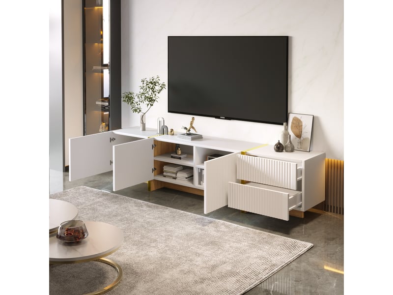  Meuble tv 190 cm en blanc et bois – 3 portes, 2 tiroirs – design élégant  - Conforama E