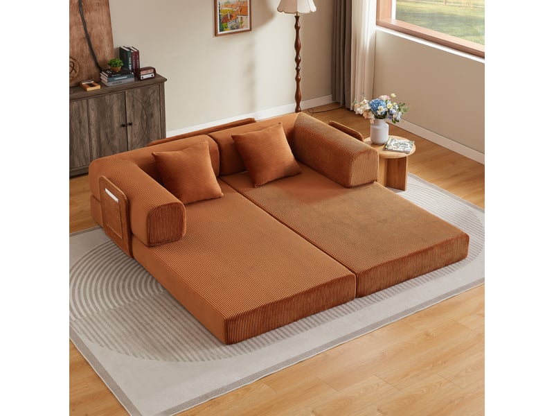  Canape droit convertible en velours côtelé, canapé-lit, mousse haute densité, structure acier, sans montage, pour salonchambre, terre cuite  - Conforama B