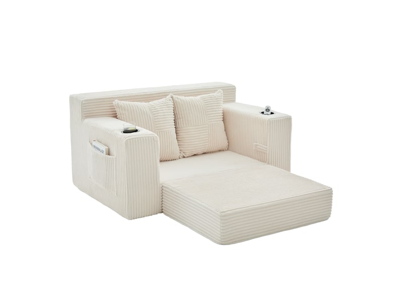 Canapé convertible 2 places modenvie en velours côtelé beige avec pouf, rangement latéral et porte-gobelet 151 x 133 x 64 cm  - Conforama A