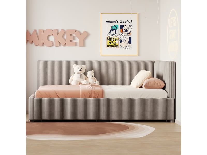 Lit banquette 90x200 cm en velours gris, 2 grands tiroirs de rangement et sommier à lattes - Conforama B