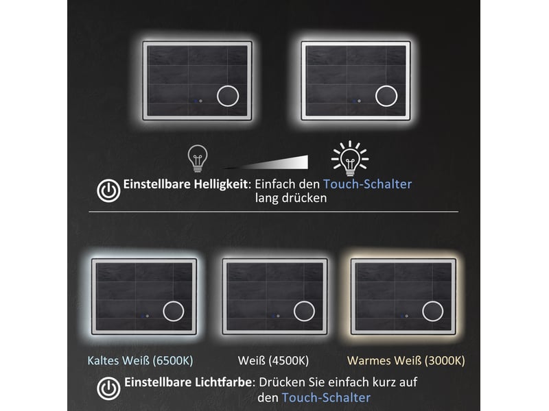 Miroir de salle de bain led 80x60 cm – blanc – antibuée, tactile, éclairage avant et arrière, loupe x3 - Conforama E