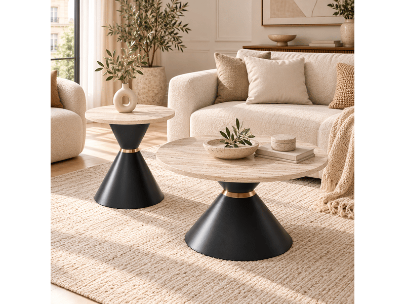  Lot de 2 tables basses rondes, plateau rond effet travertin beige, structure metal noir et dore, ø 7050 cm.  - Conforama W