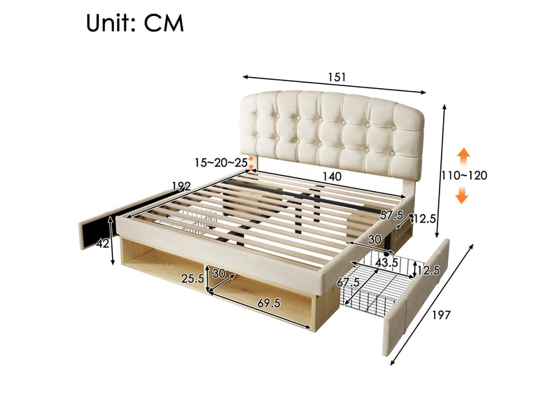  Lit double rembourré 140 x 190 cm avec tiroirs, rangements et tête de lit réglable, velours beige, sommier à lattes Fay Lum - Conforama C