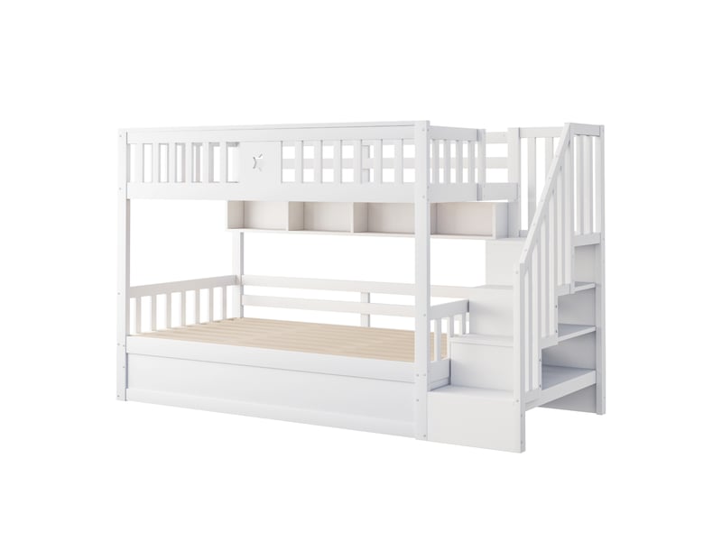  Lit superposé 90x200 cm,avec hydraulique sous le lit inférieur, escalier avec rangements et étagères, bois,blanc  - Conforama A