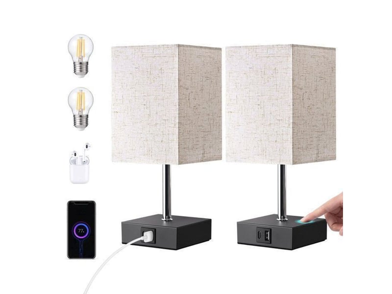  Lampe de table tactile 2x e27 avec usb-a usb-c et variateur 3 niveaux beige lin 370618_AABJN44657_6_DROPFR - Conforama A
