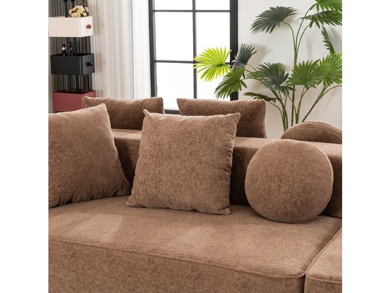  Canapé modulaire 263x171x66 cm, sans montage, avec coussins et accoudoirs, mousse, tissu chenille, marron  - Conforama E
