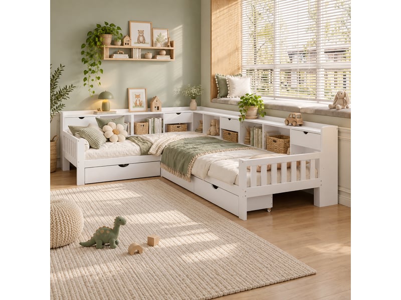  Lit enfant en l en bois et mdf blanc avec 2 lits de 90 x 200 cm, 3 grands tiroirs et étagères intégrées pour jouets et livres sans matelas  - Conforama B