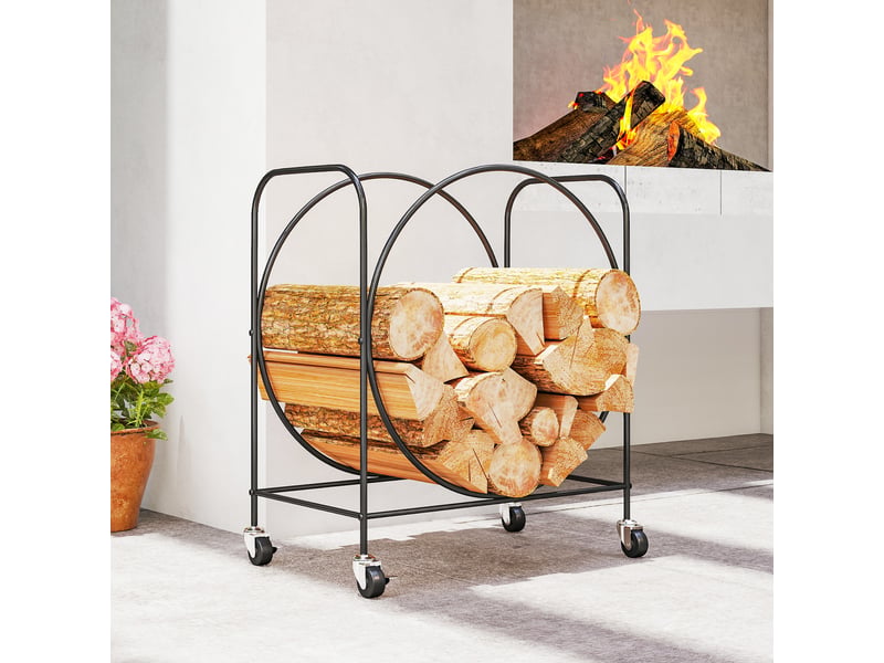  Porte-bûches métallique sur roulettes, double anneau, 20 kg, 51 x 30 x 60 cm, noir  - Conforama D