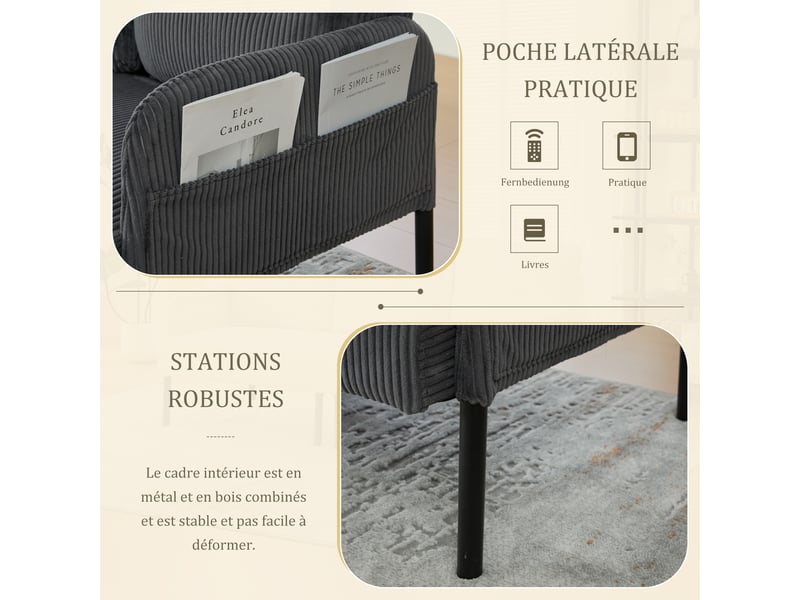  Canapé droit fixe 3 places en velours côtelé gris 171 x 72 x 80 cm avec poche latérale, salon chambre bureau 171x72x80cm - Conforama R