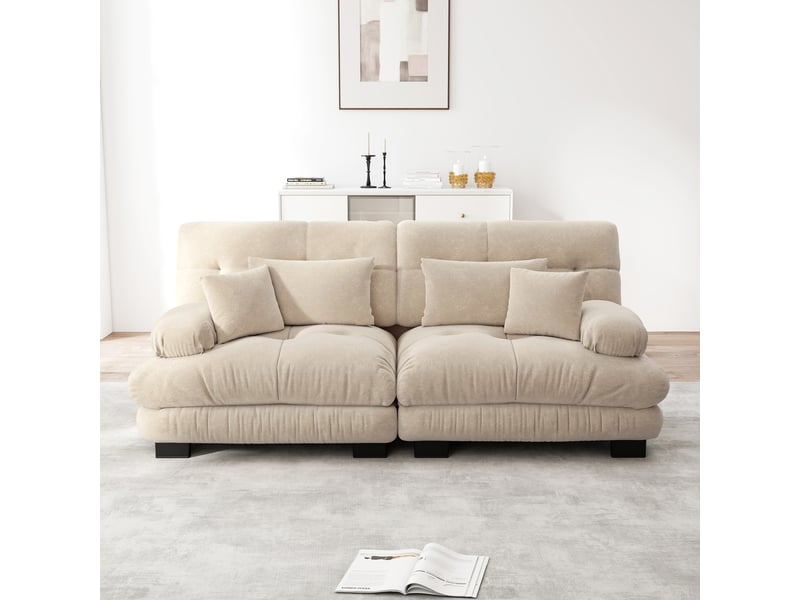  Canapé 2 places en chenille marron clair, effet nuage, assise profonde et accoudoirs arrondis pour salon, avec coussins  - Conforama E