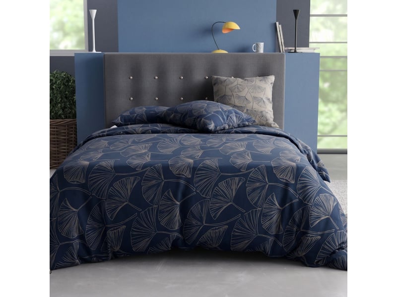  Parure housse de couette 240x220cm + 2 taies motif feuillage ginko bleu et gris 100% coton - edonie EDONIE - Conforama A