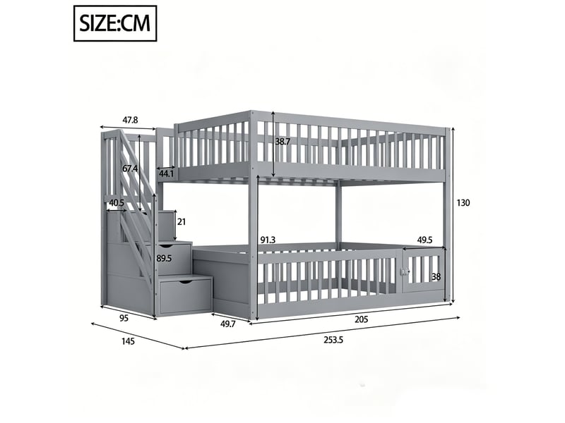 Lit superposé enfant 140x200 cm – gris – escalier à tiroirs et barrières de sécurité - sans matelas - Conforama C